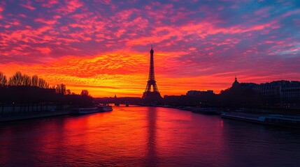 Fototapeta premium Eiffel Tower at Sunset: The Eiffel Tower silhouetted against a vibrant sunset sky, with the Seine River in the foreground. 