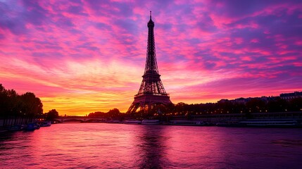 Eiffel Tower at Sunset: The Eiffel Tower silhouetted against a vibrant sunset sky, with the Seine River in the foreground.
