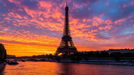 Obraz premium Eiffel Tower at Sunset: The Eiffel Tower silhouetted against a vibrant sunset sky, with the Seine River in the foreground. 
