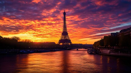 Obraz premium Eiffel Tower at Sunset: The Eiffel Tower silhouetted against a vibrant sunset sky, with the Seine River in the foreground. 