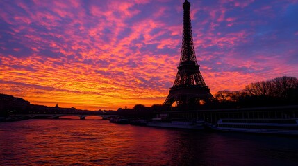 Obraz premium Eiffel Tower at Sunset: The Eiffel Tower silhouetted against a vibrant sunset sky, with the Seine River in the foreground. 
