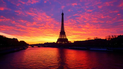 Obraz premium Eiffel Tower at Sunset: The Eiffel Tower silhouetted against a vibrant sunset sky, with the Seine River in the foreground. 