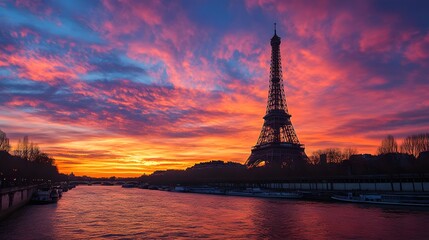 Fototapeta premium Eiffel Tower at Sunset: The Eiffel Tower silhouetted against a vibrant sunset sky, with the Seine River in the foreground. 