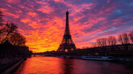 Fototapeta premium Eiffel Tower at Sunset: The Eiffel Tower silhouetted against a vibrant sunset sky, with the Seine River in the foreground. 