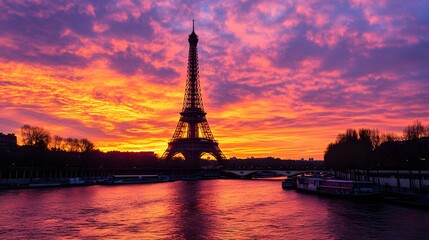 Obraz premium Eiffel Tower at Sunset: The Eiffel Tower silhouetted against a vibrant sunset sky, with the Seine River in the foreground. 