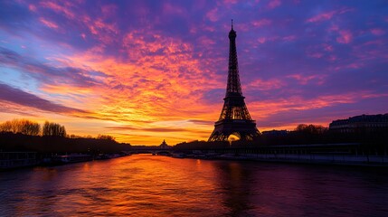 Obraz premium Eiffel Tower at Sunset: The Eiffel Tower silhouetted against a vibrant sunset sky, with the Seine River in the foreground. 