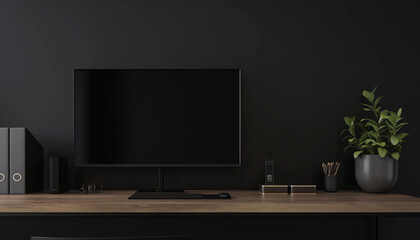 A sleek, darkthemed home office setup featuring a blank computer monitor, wooden desk, office supplies, and a small plant. Minimalist and modern aesthetic.