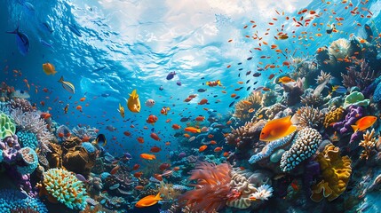 Obraz premium Vibrant underwater scene showcasing a colorful coral reef teeming with fish. The image captures the beauty and diversity of marine life.
