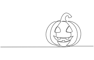 Continuous one line drawing of pumpkin and happy halloween text on white background, Vector illustration, Pumpkins. Autumn pumpkins one line colored continuous drawing. Autumn halloween vegetables.