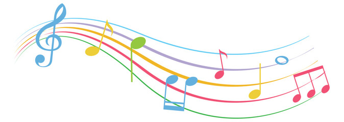 Colorful music notes background isolated on white. Musical wave. . Sound vector illustration