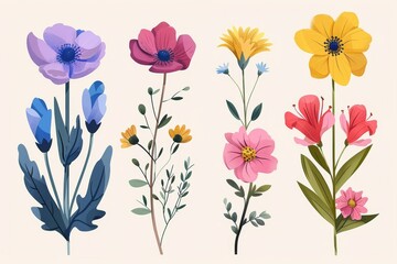 Collection of 2D and 3D Vector Flat Abstract Minimalistic Art of Flowers and Meadow Isolated on a White Background