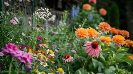 Vibrant Summer Garden bursting with colorful flowers in full bloom showcasing a variety of species and textures.