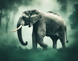 double exposure effect of an elephant walking and dark green jungle background