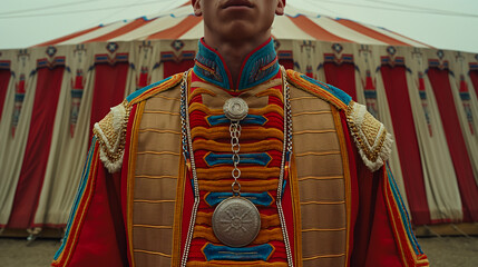 Circus Man: Cinematic Still of Highly Decorated Circus Military Uniform with Silver Medallion in Front of Big Circus Tent