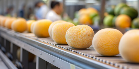 Cantaloupes on Production Line in Fruit Processing Factory