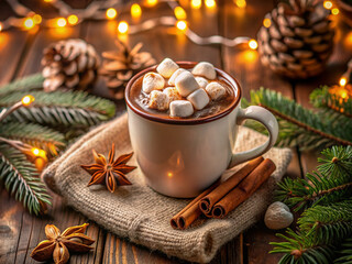 Rich, velvety hot chocolate with tiny marshmallows fills a cozy cup, evoking a warm, comforting winter atmosphere and inviting holiday relaxation in a snug setting.