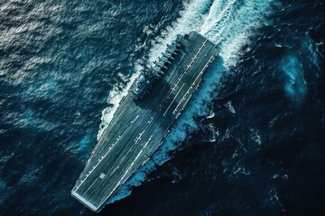 US Navy aircraft carrier floating in open ocean captured in high-resolution aerial photography, satellite image style.