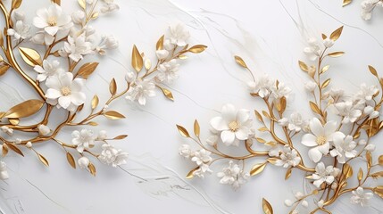 White and gold foliage and flowers set on a marble backdrop. Beautiful wedding texture for the invitation, celebration, card, and wall covering. delicate drawing of flowers.