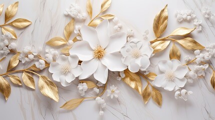 White and gold foliage and flowers set on a marble backdrop. Beautiful wedding texture for the invitation.