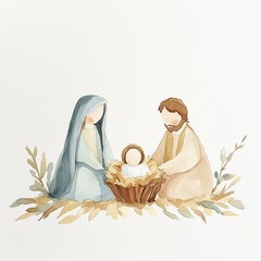 Watercolor Nativity Scene with Mary, Joseph, and Baby Jesus in a Manger
