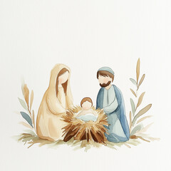 Watercolor Nativity Scene with Mary, Joseph, and Baby Jesus in a Manger
