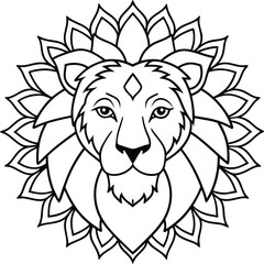 Lion Head Coloring Page for Kids Simple Art with Geometric Flower Mandala Pattern
