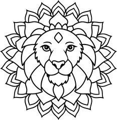 Lion Head Coloring Page for Kids Simple Art with Geometric Flower Mandala Pattern