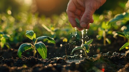 Fototapeta premium Farmer's hands watering young organic farming plants