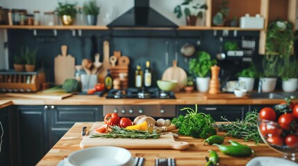 A kitchen counter with fresh vegetables and herbs.