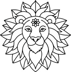 Kids Friendly Lion Head Coloring Page Simple Line Art with Geometric Flower Mandala