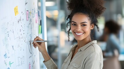 Portrait of a beautiful office worker woman, smiling and writing down her new idea on a whiteboard