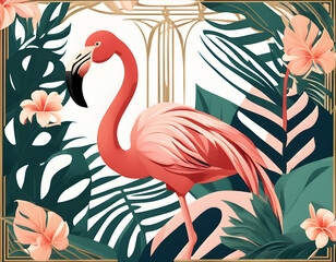 Flamingo and palm leaves background