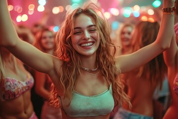 Obraz premium Celebrating Freedom: Childfree Friends Laughing at Vibrant Party on International Childfree Day | Realistic Lifestyle Photography with Natural Lighting