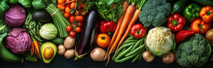 Top View of Colorful Vegetables on Dark Background with Subtle Lighting, Highlighting Colors and Textures