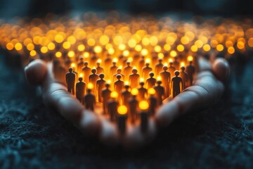 Protecting Our Future: A pair of hands cradles a multitude of glowing figures, symbolizing the responsibility of safeguarding our collective well-being. This evocative image captures the essence of un