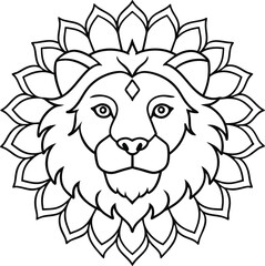 Cute Lion Face Coloring Page Minimal Line Art with Geometric Mandala Design