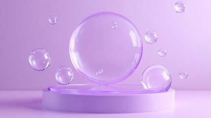 3D holographic color podium stand with bubble in the air on color background,Podium wall with studio light for mockup product display,cosmetic,beauty,showcase,copy space.