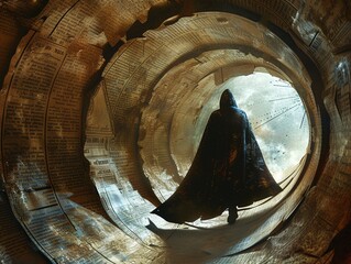 Fototapeta premium Mysterious crypto entity, shimmering cloak swirling, navigating labyrinth of legal documents Photography, silhouette lighting, vignette