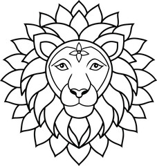 Lion head coloring page kids friendly simple line art cute panthera leo face with geometric flower mandala design pattern minimal clipart art KDP coloring interior