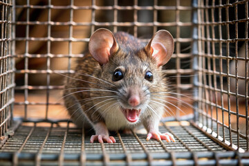 Obraz premium A frightened house rat, cornered and trapped inside a metal mesh cage, conveying a sense of fear and despair, highlighting the need for pest control measures.