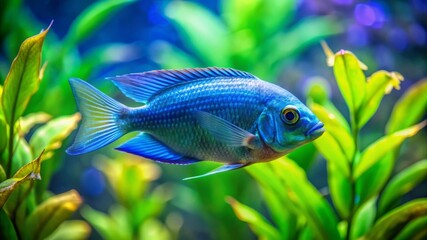 Blue Cichlid Fish Swimming in Green Aquarium Plants.