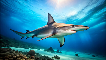 Fototapeta premium Shark Swimming Underwater in Blue Water with Sunbeams.