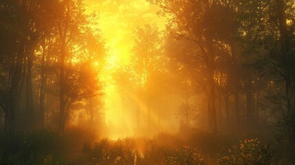Obraz premium Golden Sunrise Through Misty Forest