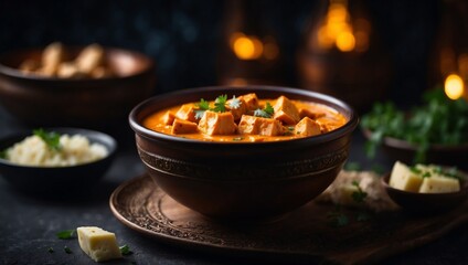 Paneer butter masala in a bowl on the dark table.