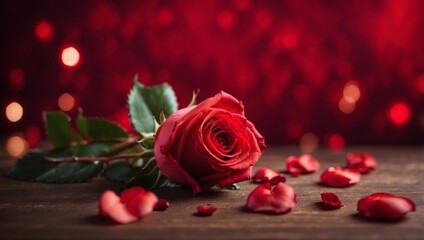 Valentine day copyspace with rose and red heart on red background.