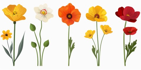 Fototapeta premium Collection of 2D and 3D Vector Flat Abstract Minimalistic Art of Flowers and Meadow Isolated on a White Background