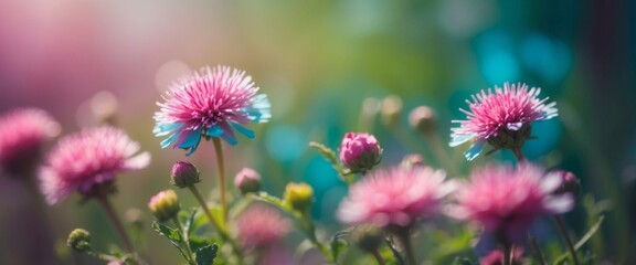 Wild flowers in a field in nature in summer spring in sunlight with a beautiful round bokeh with a soft focus and toned in purple pink and turquoise hues close-up Floral background, copy space.