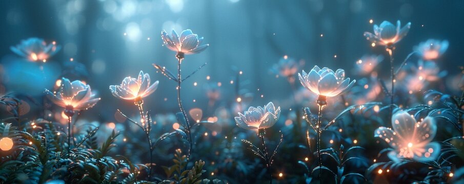 Extraterrestrial flora, glowing petals, bioluminescent alien plants, in a dense alien jungle, misty atmosphere, 3D render, Backlights, Depth of field bokeh effect