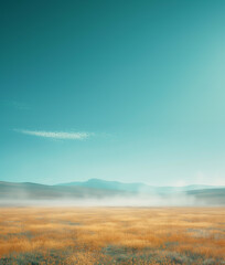 Foggy grassland and sky