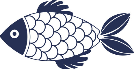 Decorative fish illustration with simple patterns. Abstract decorated dark blue fish icon. Stylized, decorative underwater creatures designs. Dark blue geometric fish isolated.